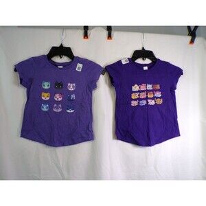 Lot of 2 DISTRICT Girls XS Purple Graphic T-Shirts Cat Face Short Sleeve